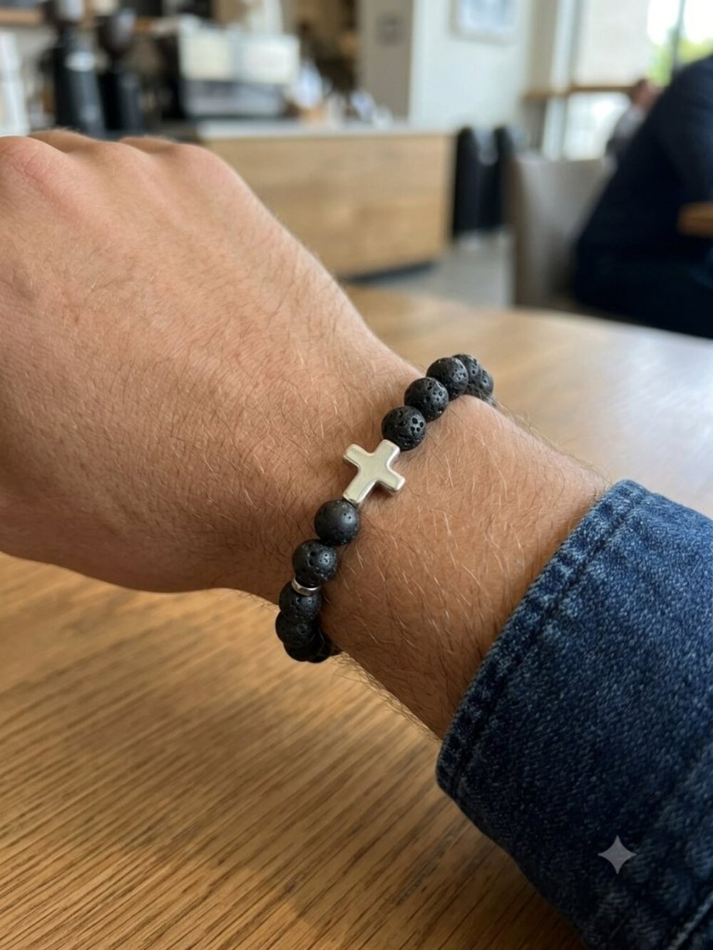 Designs by Forte Men's Black Lava Rock Cross Stretch Bracelet
